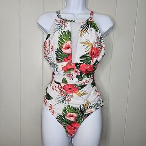 One Piece Bathing Suit White Floral Size Large